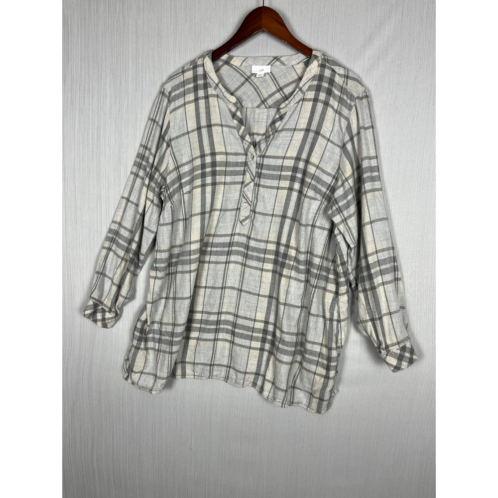 J. Jill Top Womens 2X Gray Plaid Henley Tunic Cotton Modal Long Sleeve Casual